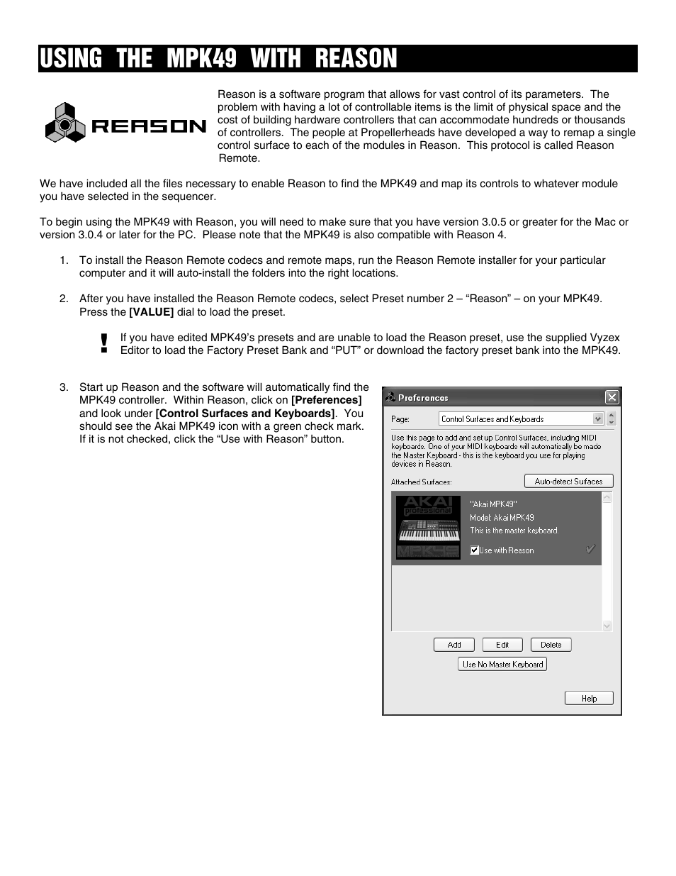 Using the mpk49 with reason | Akai FACTORY PRESET MPK49 User Manual | Page 3 / 20