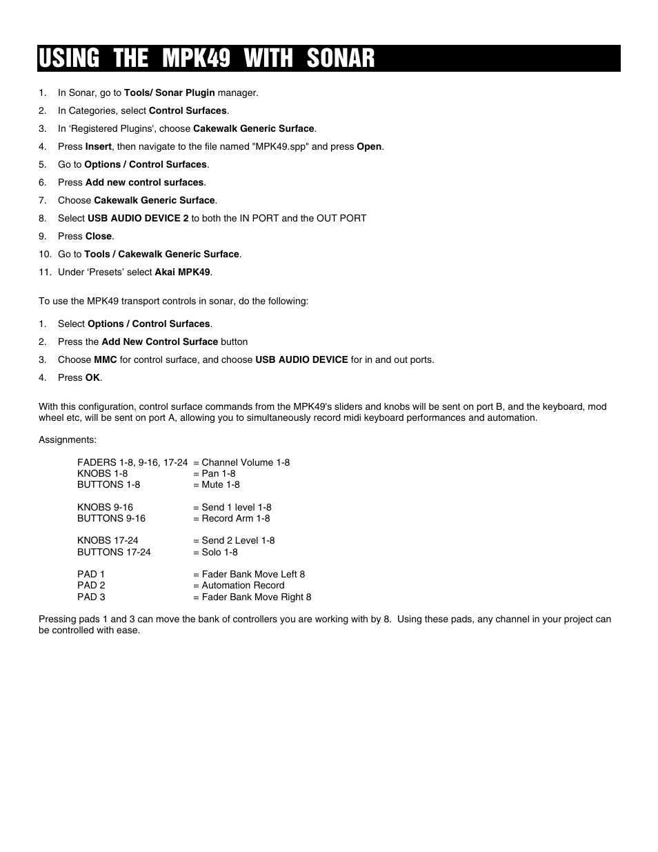 Using the mpk49 with sonar | Akai FACTORY PRESET MPK49 User Manual | Page 9 / 20