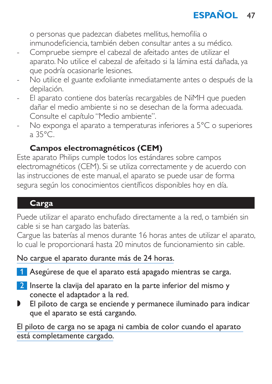 Campos electromagnéticos (cem), Carga | Philips Satinelle Ice Premium Depiladora User Manual | Page 47 / 120