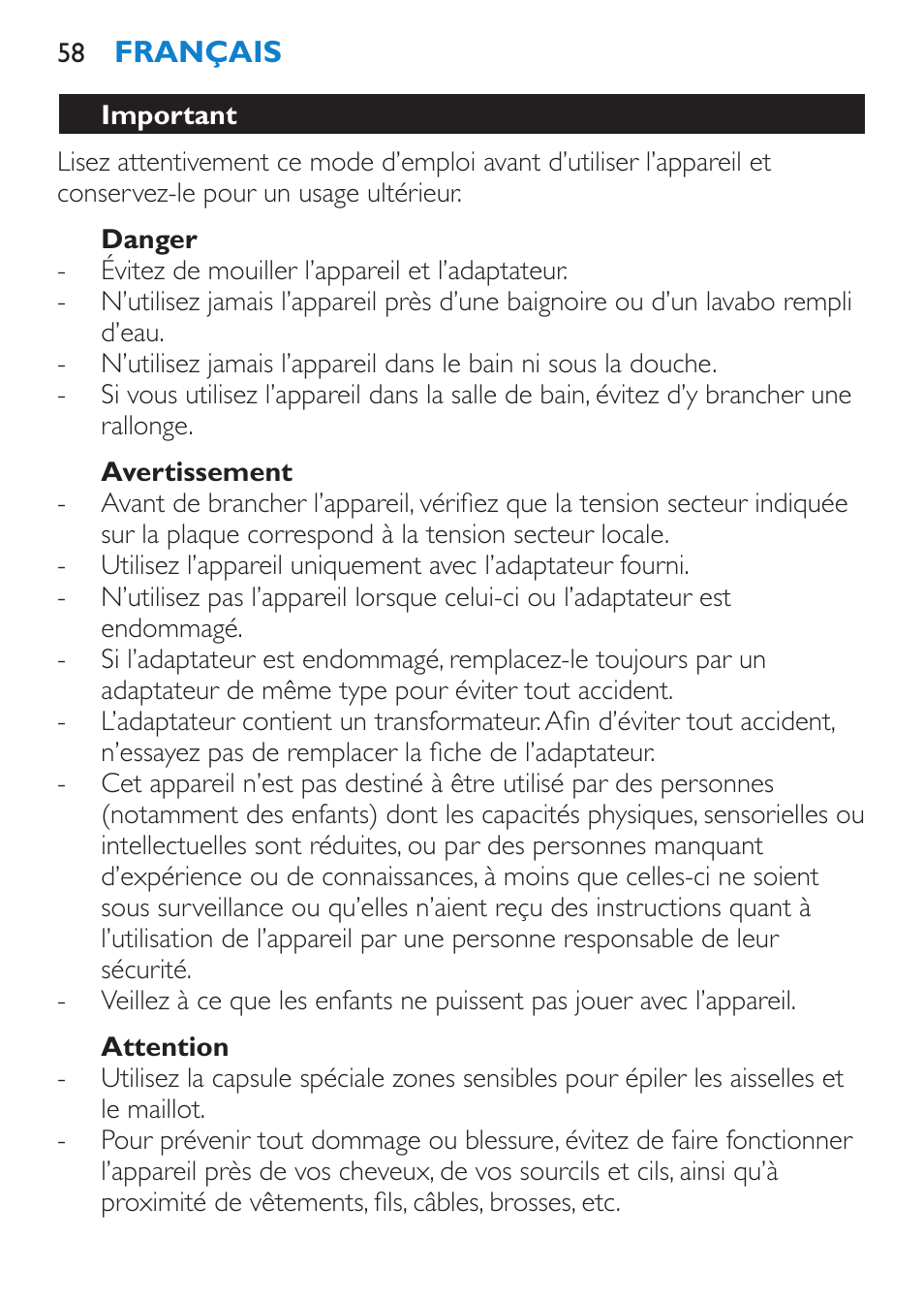 Danger, Avertissement, Attention | Important | Philips Satinelle Ice Premium Depiladora User Manual | Page 58 / 120