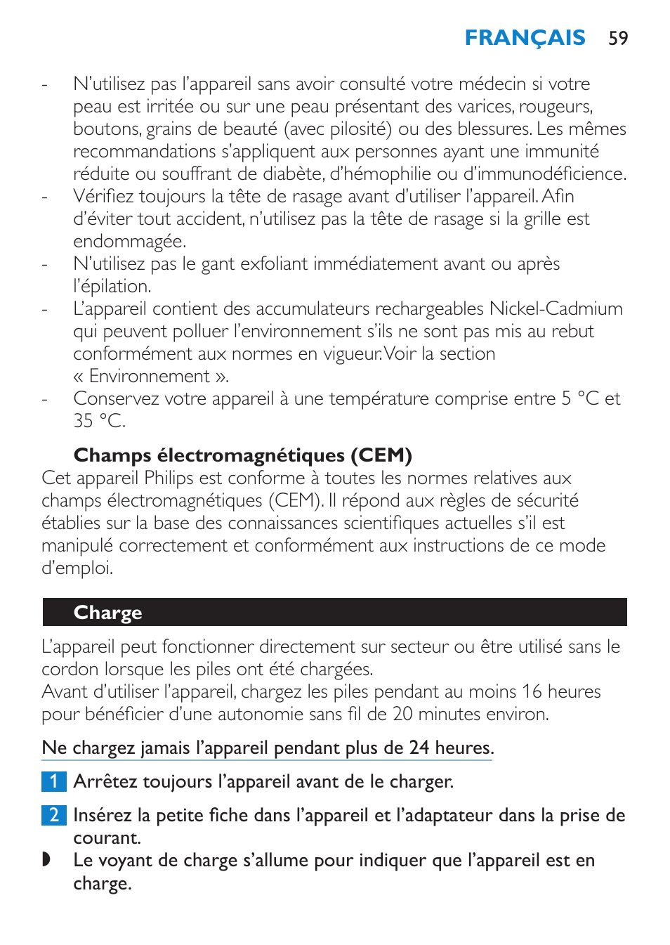 Champs électromagnétiques (cem), Charge | Philips Satinelle Ice Premium Depiladora User Manual | Page 59 / 120