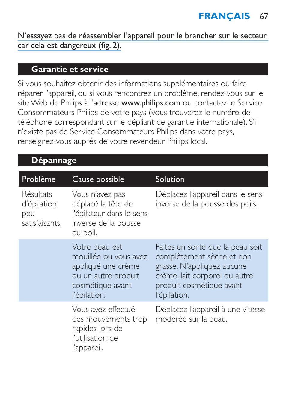 Garantie et service, Dépannage | Philips Satinelle Ice Premium Depiladora User Manual | Page 67 / 120