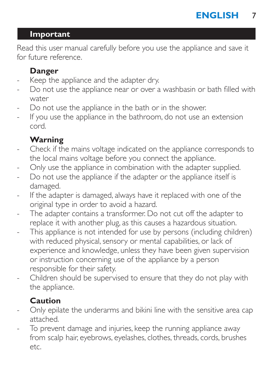 Important, Danger, Warning | Caution | Philips Satinelle Ice Premium Depiladora User Manual | Page 7 / 120