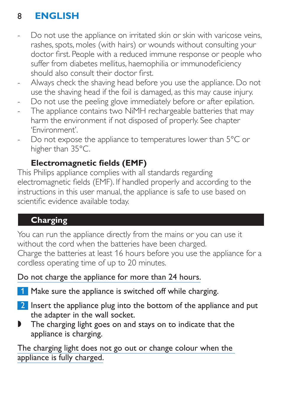 Electromagnetic fields (emf), Charging | Philips Satinelle Ice Premium Depiladora User Manual | Page 8 / 120