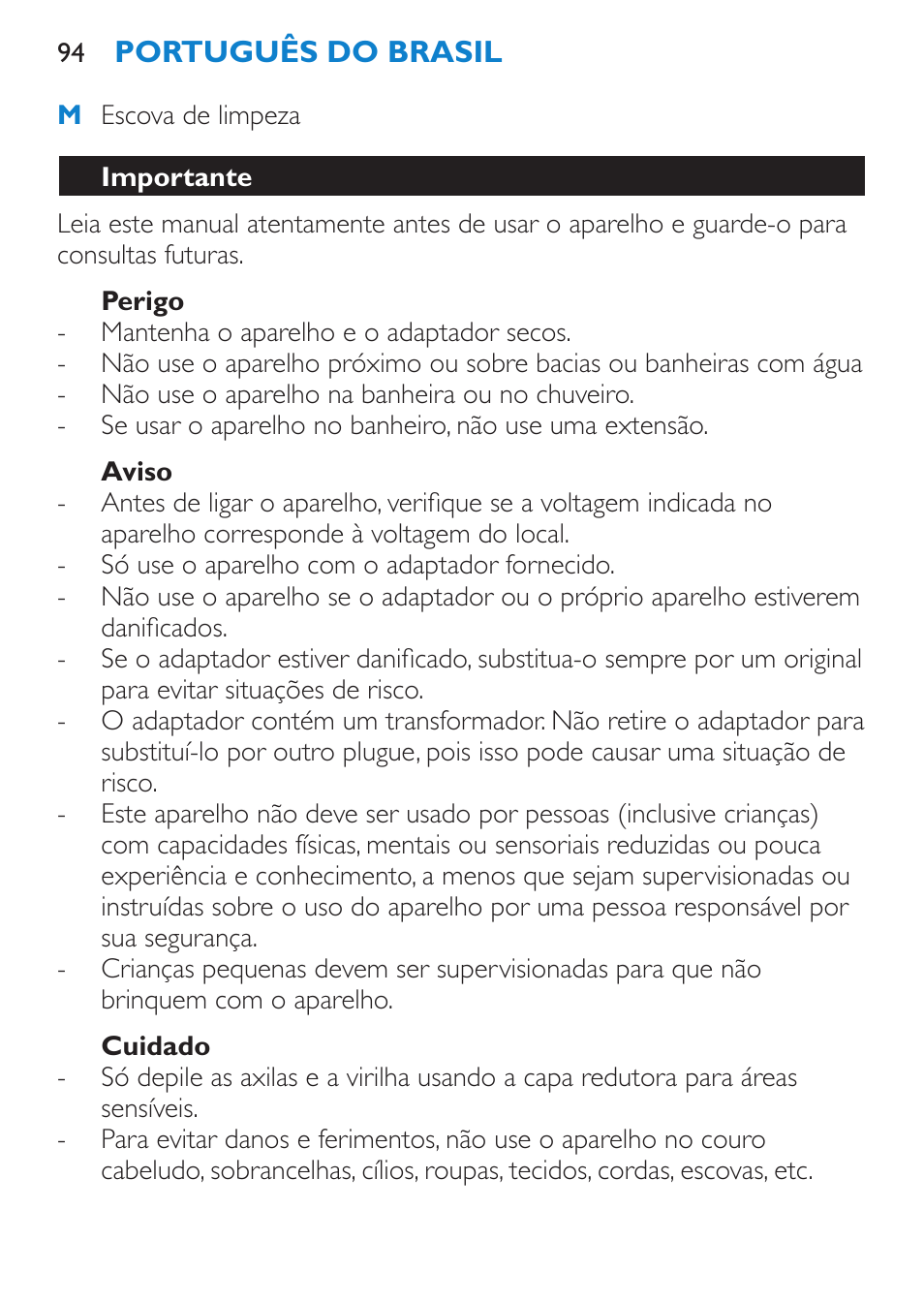 Perigo, Aviso, Cuidado | Importante | Philips Satinelle Ice Premium Depiladora User Manual | Page 94 / 120