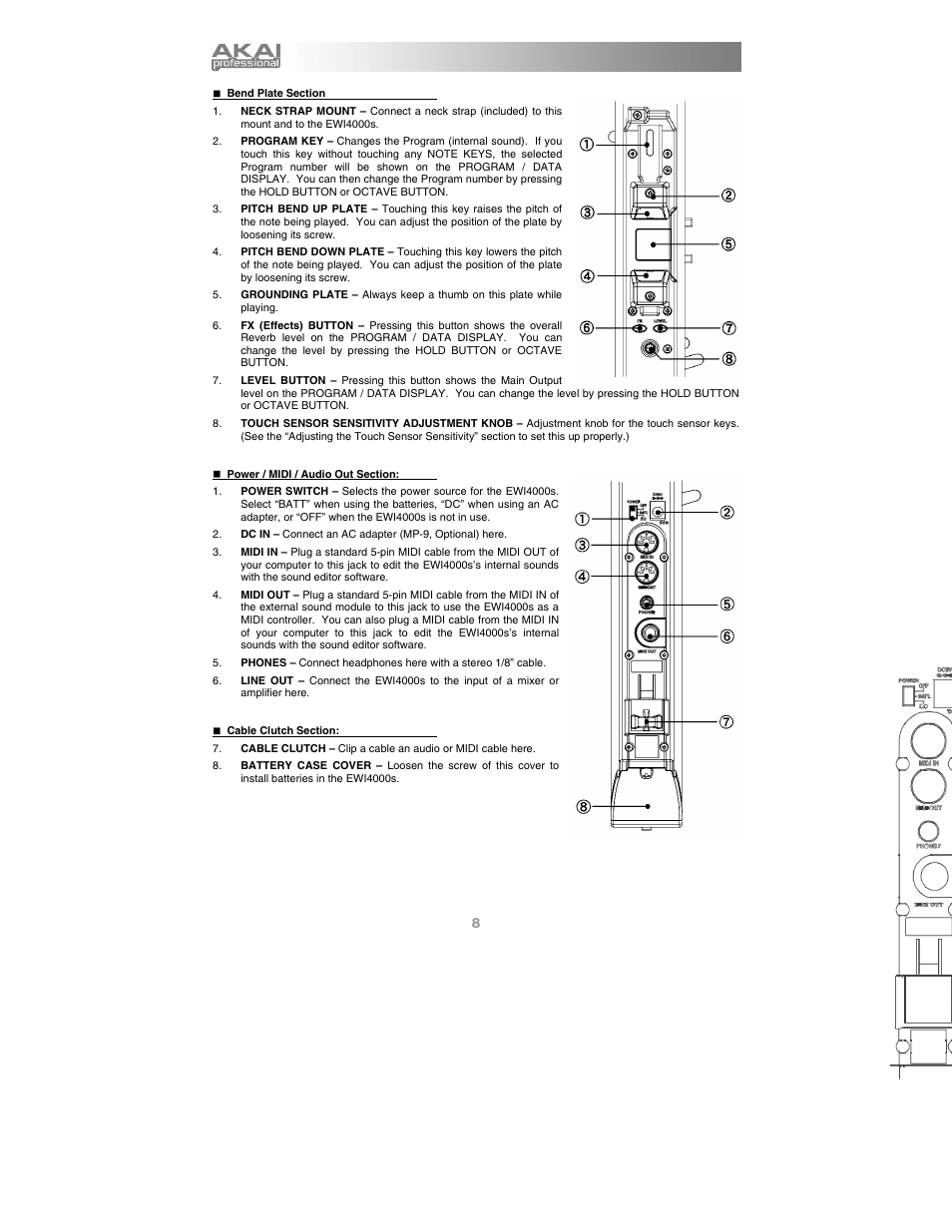 Bend plate section, Power / midi / audio out section, Cable clutch section | Akai Ewi4000s User Manual | Page 10 / 52