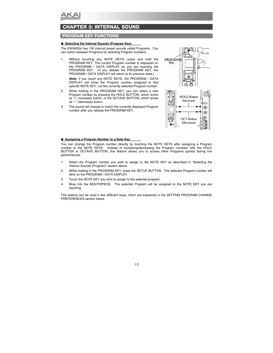 Chapter 3: internal sound, Program key functions | Akai Ewi4000s User Manual | Page 20 / 52