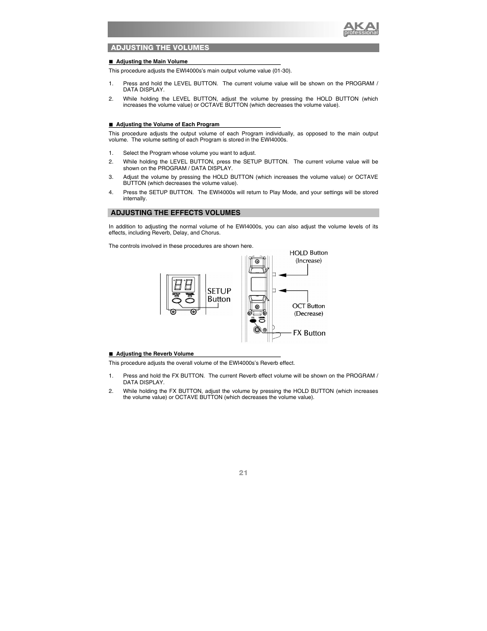 Adjusting the volumes, Adjusting the effects volumes | Akai Ewi4000s User Manual | Page 23 / 52