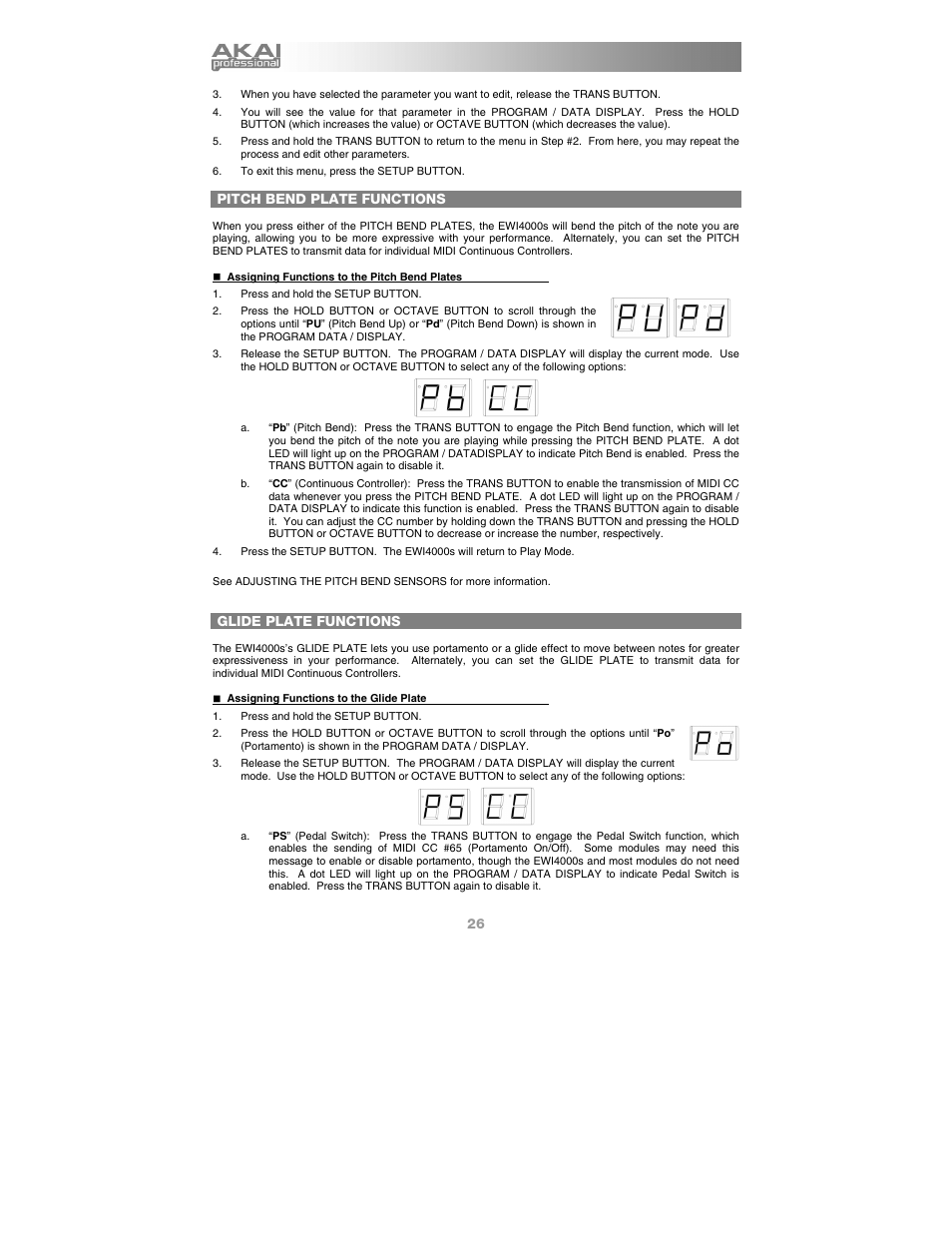 Pitch bend plate functions, Glide plate functions | Akai Ewi4000s User Manual | Page 28 / 52