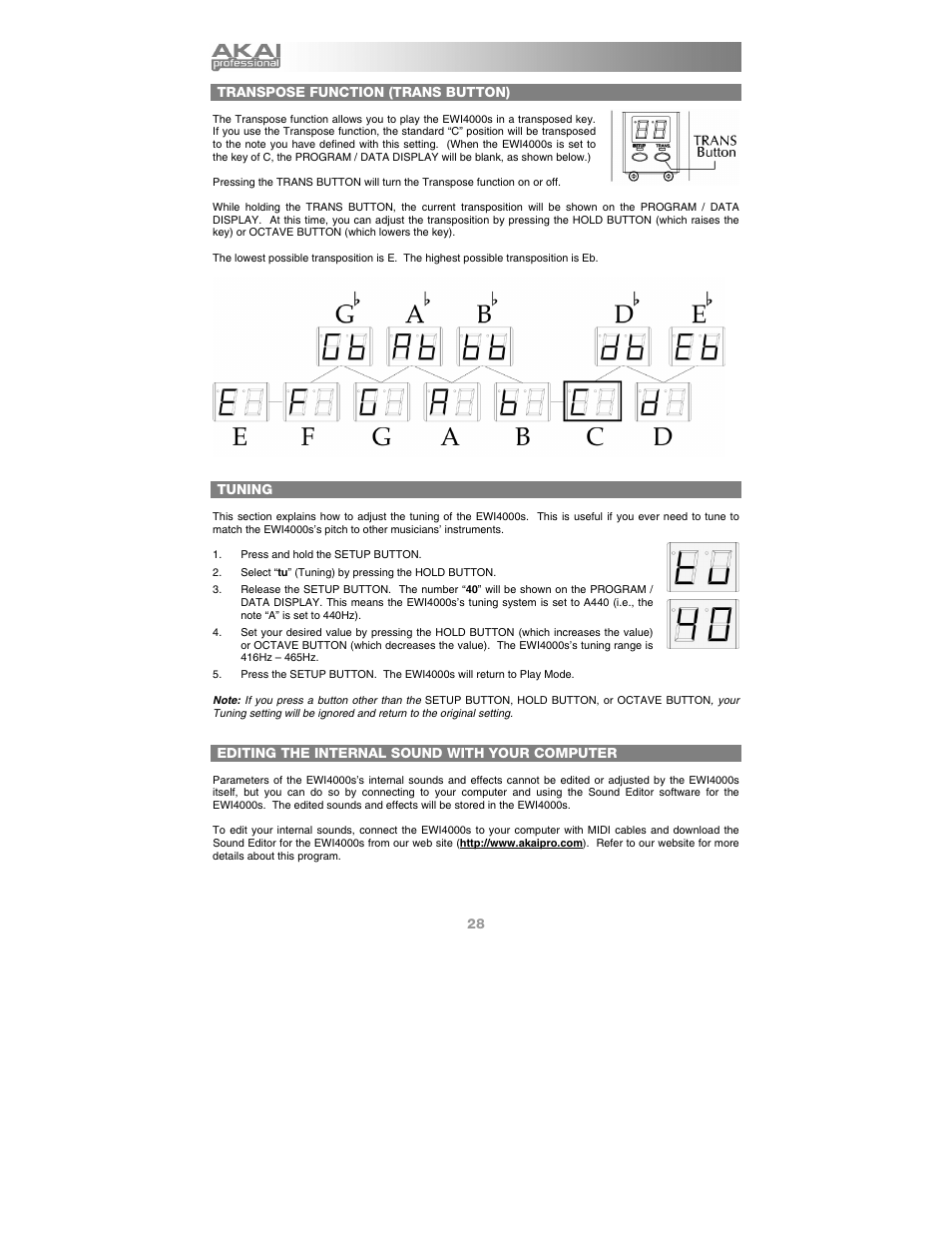 Transpose function (trans button), Tuning, Editing the internal sound with your computer | Akai Ewi4000s User Manual | Page 30 / 52