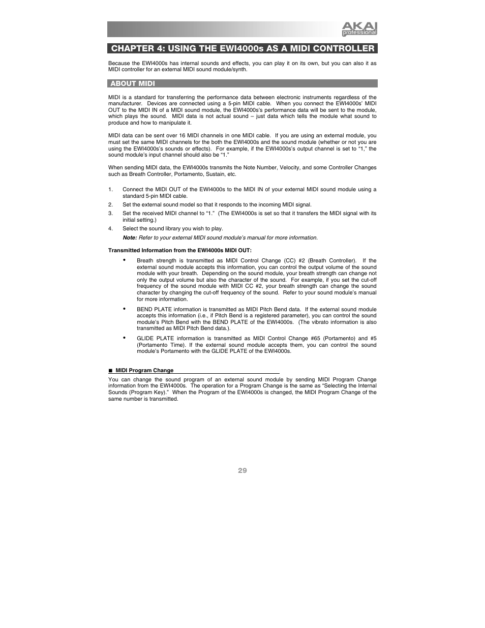 Chapter 4: using the ewi4000s as a midi controller, About midi | Akai Ewi4000s User Manual | Page 31 / 52