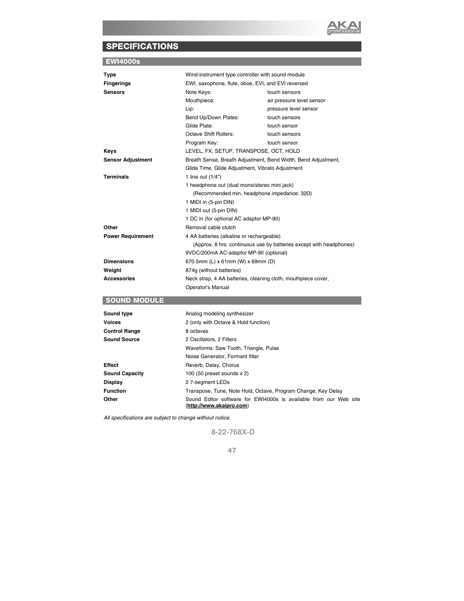 Specifications, Ewi4000s, Sound module | Akai Ewi4000s User Manual | Page 49 / 52