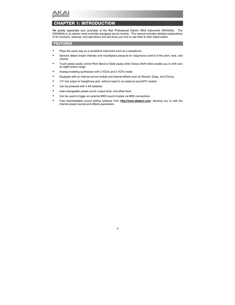Chapter 1: introduction, Features | Akai Ewi4000s User Manual | Page 6 / 52