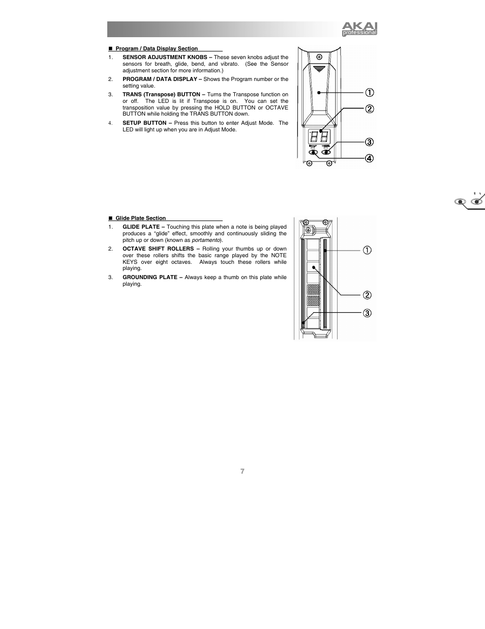 Program / data display section, Glide plate section | Akai Ewi4000s User Manual | Page 9 / 52