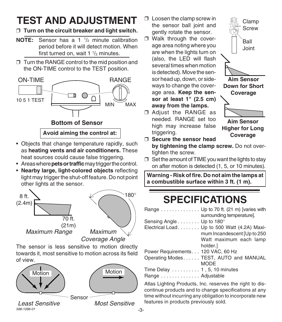 Test and adjustment, Specifications | Atlas GUARDIAN PRO MLGS180B User Manual | Page 3 / 4