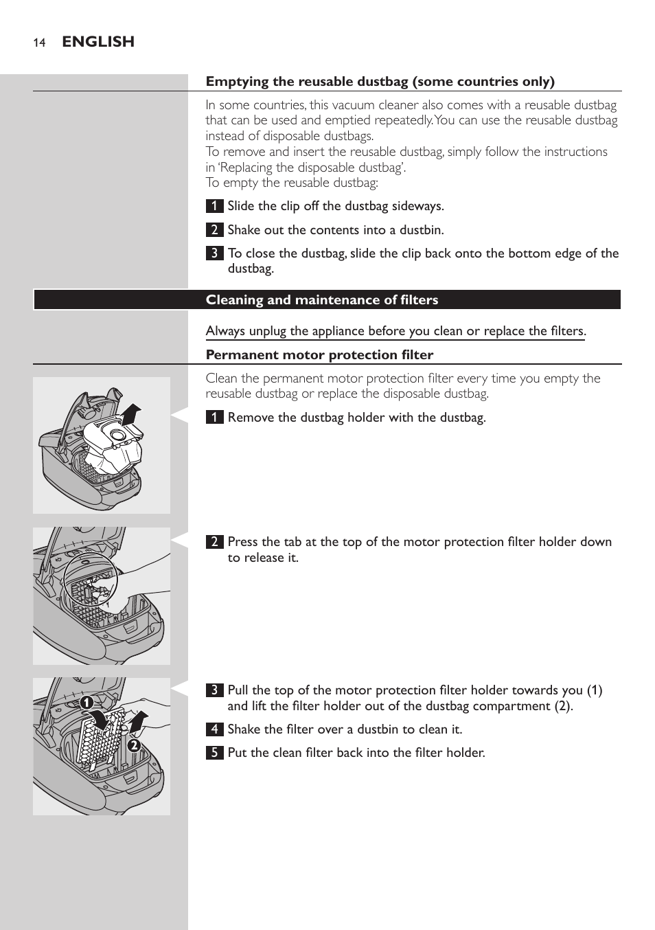 Cleaning and maintenance of filters, Permanent motor protection filter | Philips StudioPower Aspirador con bolsa User Manual | Page 14 / 170