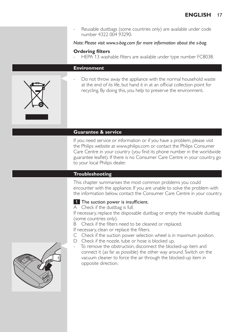 Ordering filters, Environment, Guarantee & service | Troubleshooting | Philips StudioPower Aspirador con bolsa User Manual | Page 17 / 170