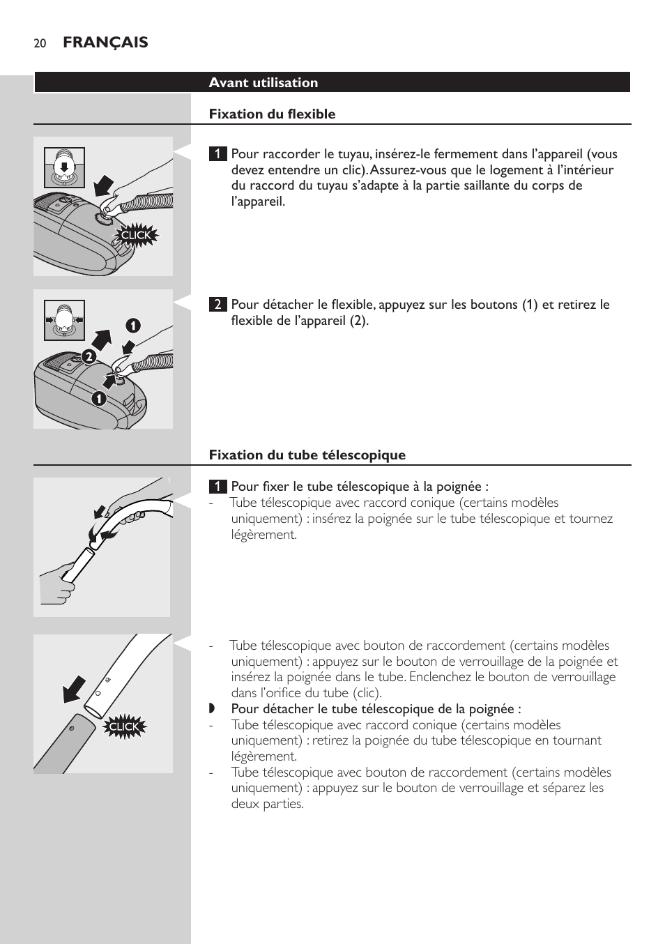 Avant utilisation, Fixation du flexible, Fixation du tube télescopique | Philips StudioPower Aspirador con bolsa User Manual | Page 20 / 170