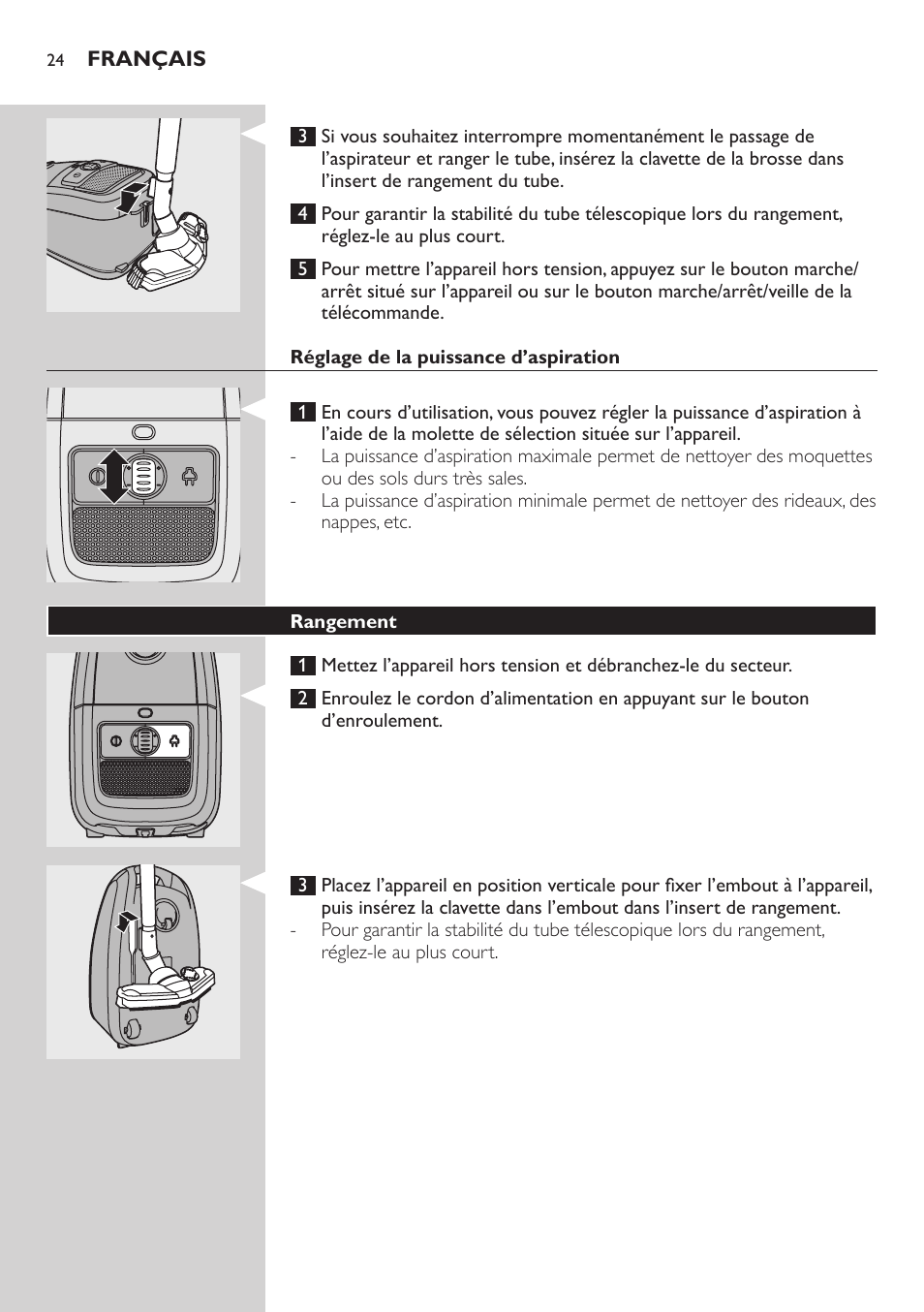 Réglage de la puissance d’aspiration, Rangement | Philips StudioPower Aspirador con bolsa User Manual | Page 24 / 170