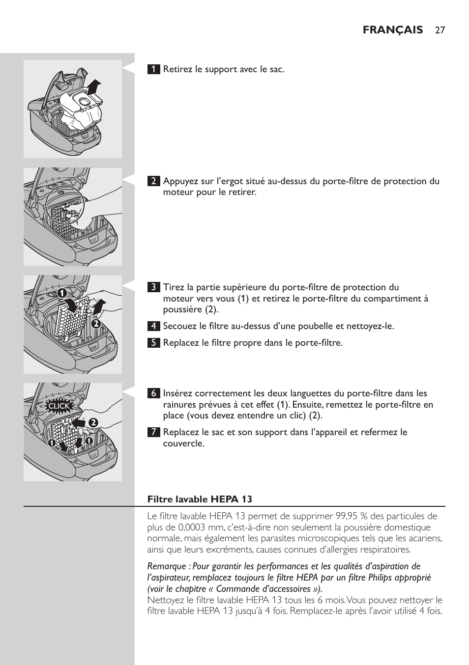 Filtre lavable hepa 13 | Philips StudioPower Aspirador con bolsa User Manual | Page 27 / 170