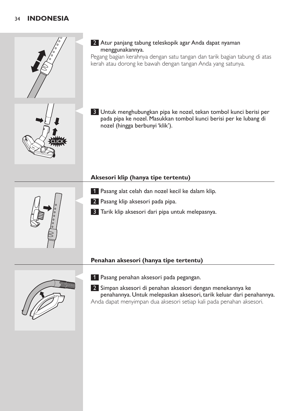 Aksesori klip (hanya tipe tertentu), Penahan aksesori (hanya tipe tertentu) | Philips StudioPower Aspirador con bolsa User Manual | Page 34 / 170