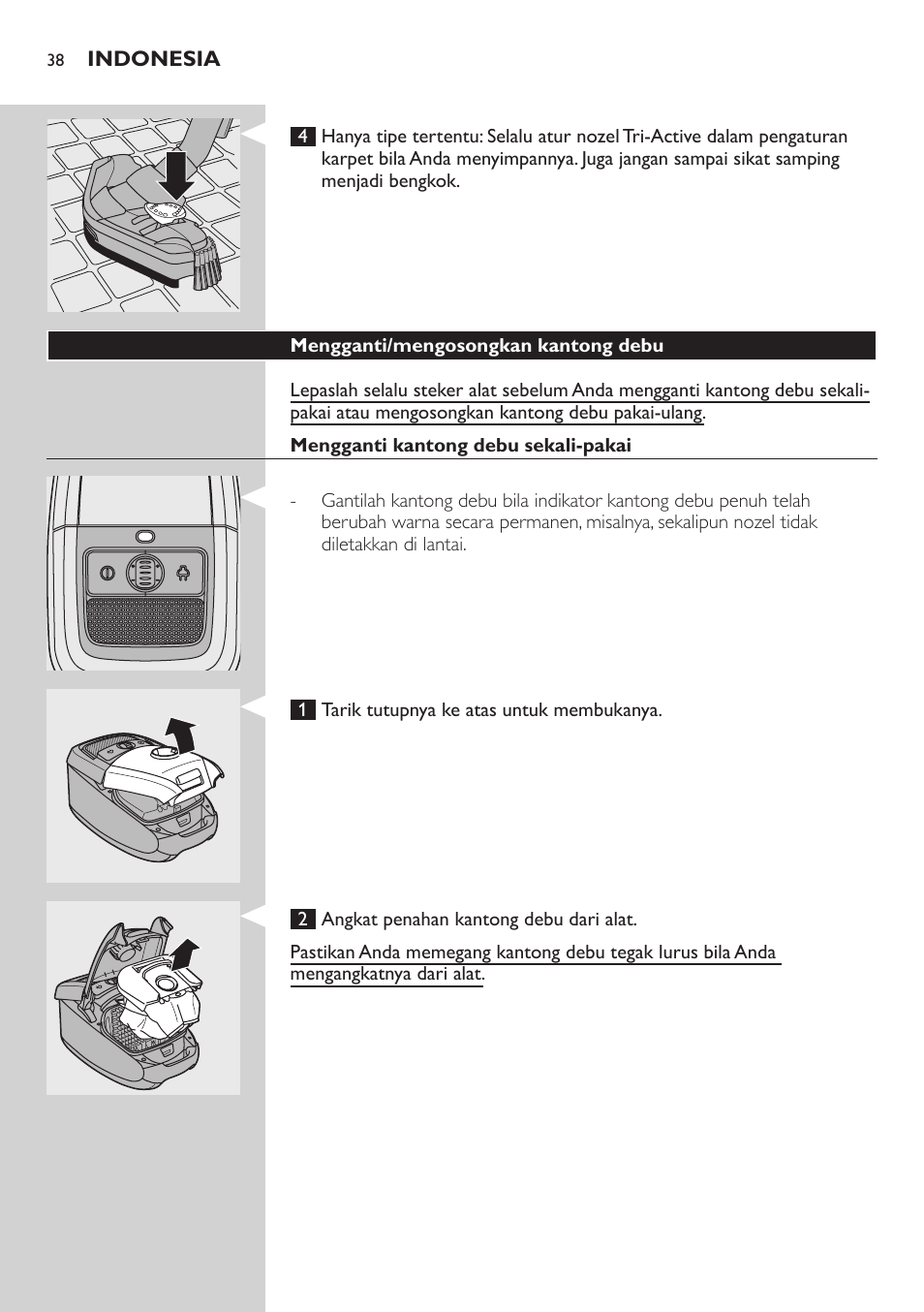 Mengganti/mengosongkan kantong debu, Mengganti kantong debu sekali-pakai | Philips StudioPower Aspirador con bolsa User Manual | Page 38 / 170