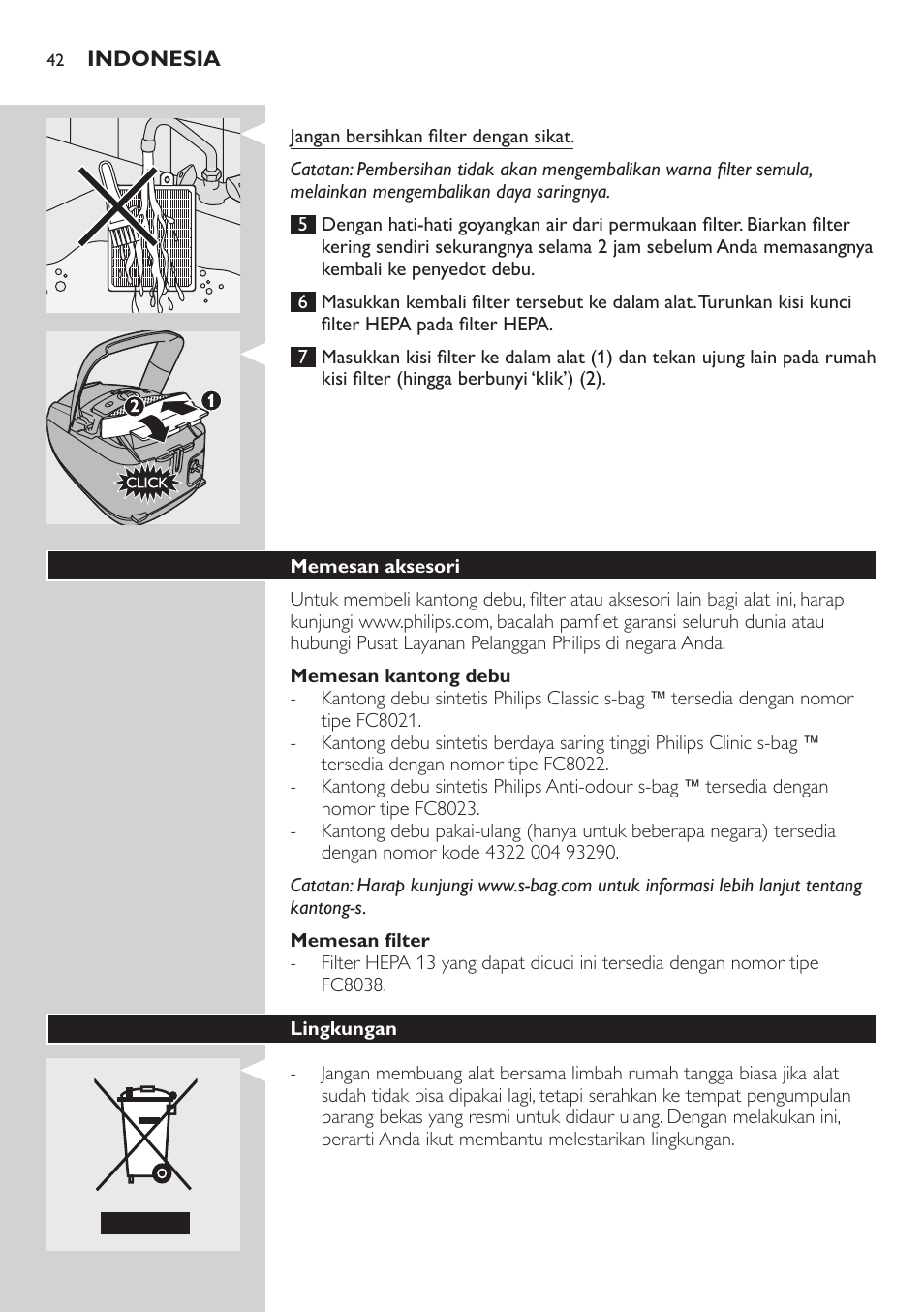 Memesan kantong debu, Memesan filter, Memesan aksesori | Lingkungan | Philips StudioPower Aspirador con bolsa User Manual | Page 42 / 170