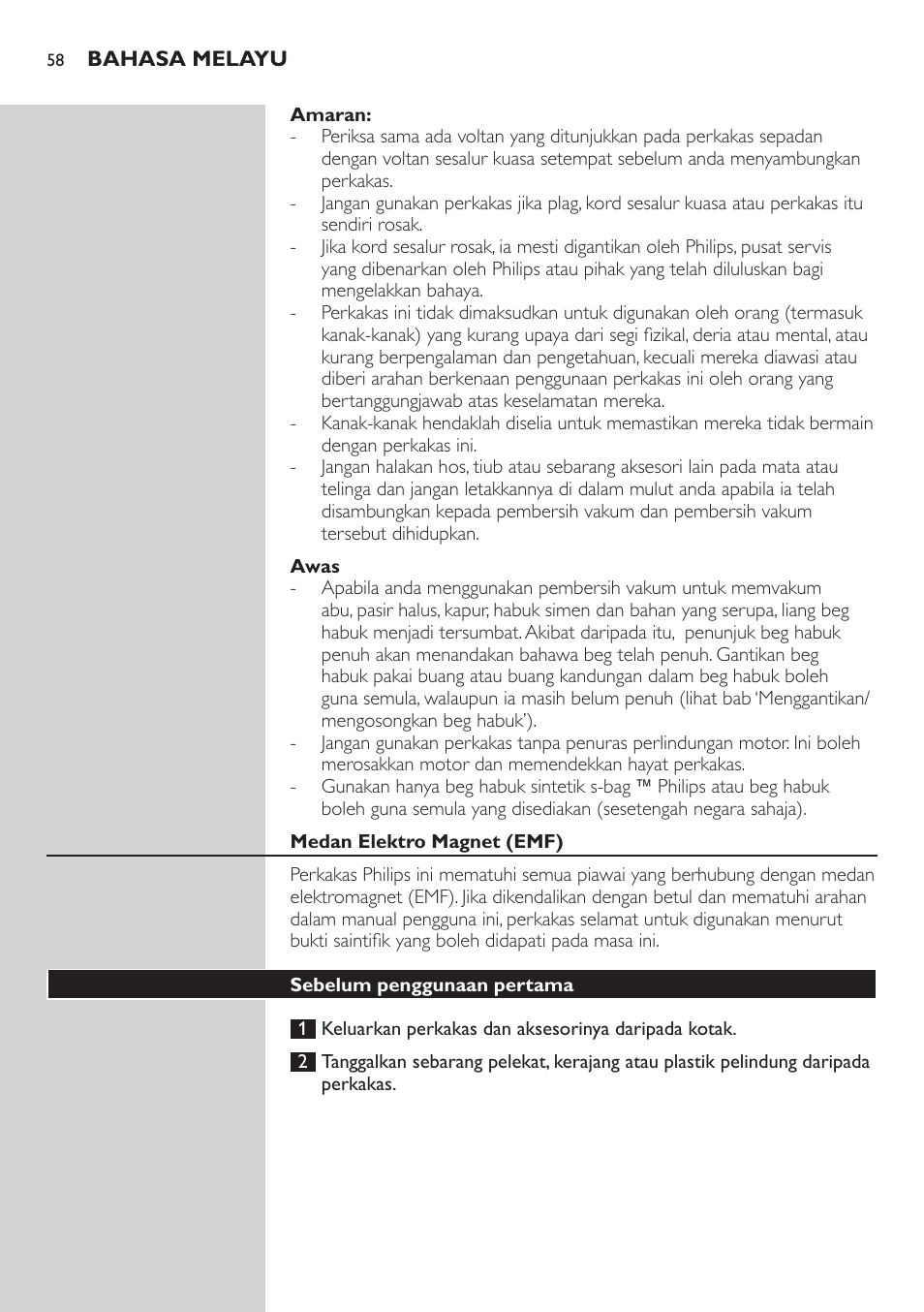 Amaran, Awas, Medan elektro magnet (emf) | Sebelum penggunaan pertama | Philips StudioPower Aspirador con bolsa User Manual | Page 58 / 170