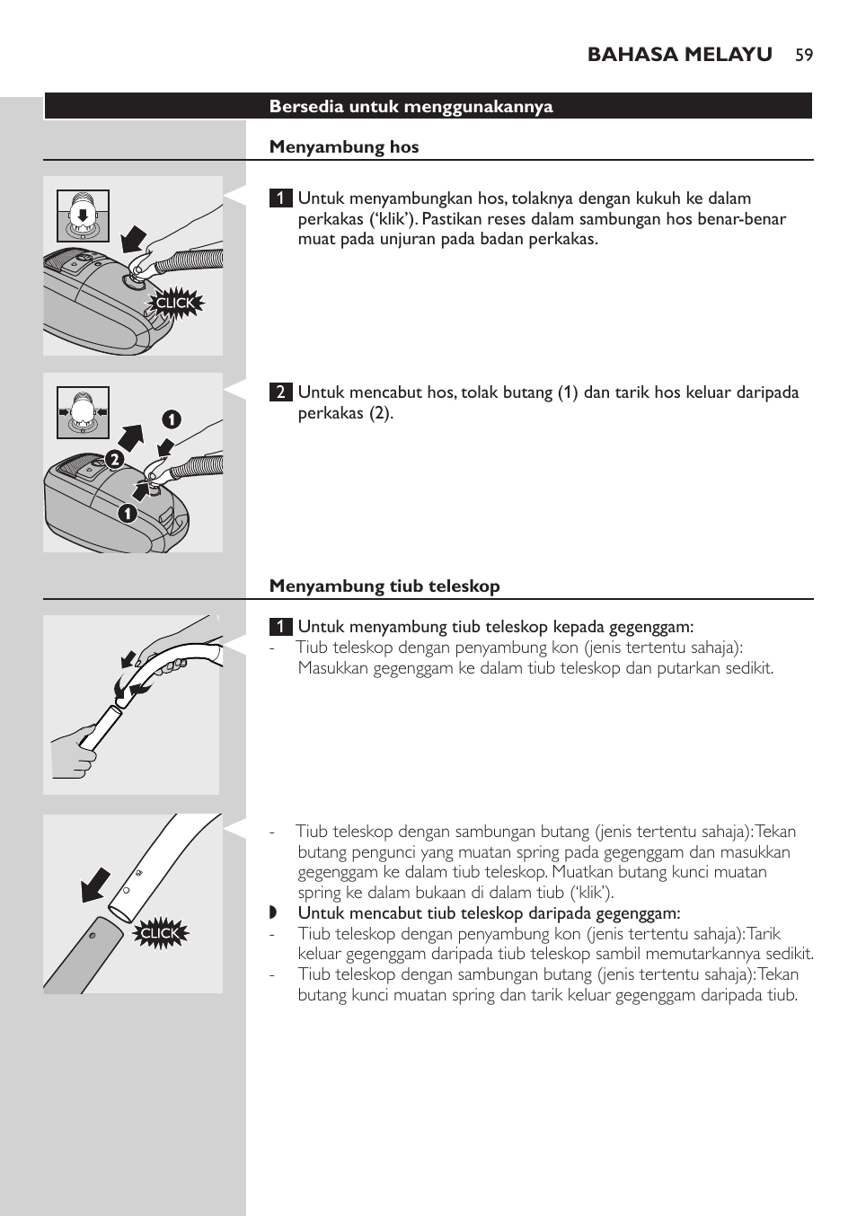 Bersedia untuk menggunakannya, Menyambung hos, Menyambung tiub teleskop | Philips StudioPower Aspirador con bolsa User Manual | Page 59 / 170