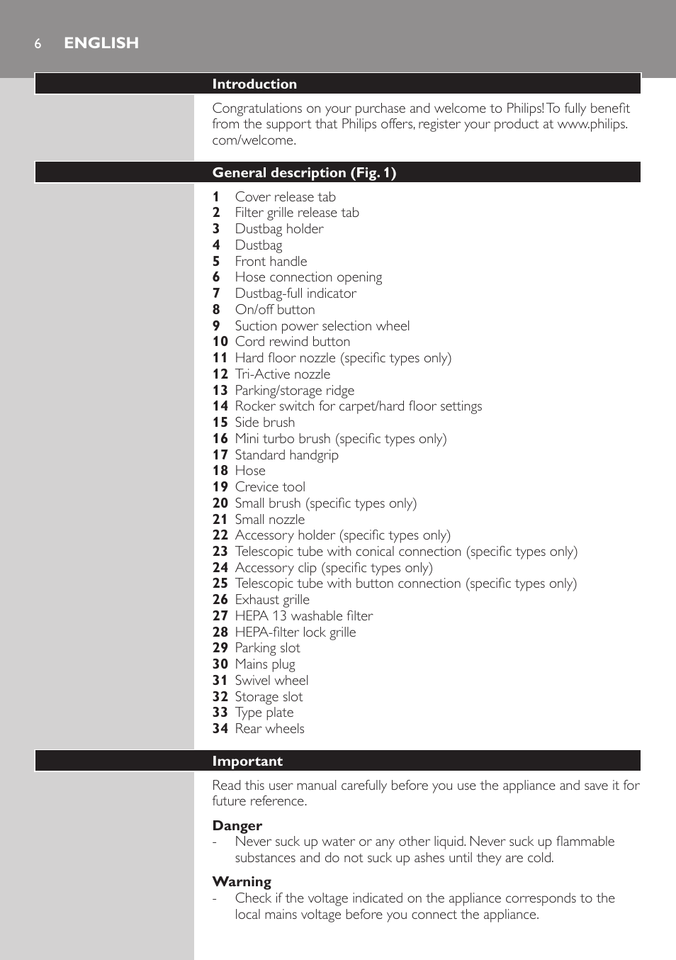 English, Introduction, General description (fig. 1) | Important, Danger, Warning | Philips StudioPower Aspirador con bolsa User Manual | Page 6 / 170