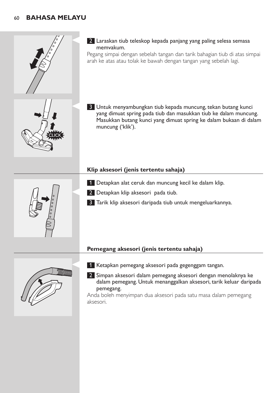 Klip aksesori (jenis tertentu sahaja), Pemegang aksesori (jenis tertentu sahaja) | Philips StudioPower Aspirador con bolsa User Manual | Page 60 / 170