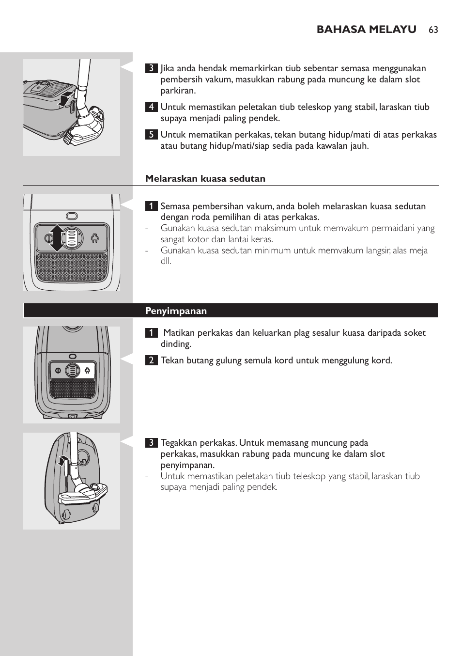 Melaraskan kuasa sedutan, Penyimpanan | Philips StudioPower Aspirador con bolsa User Manual | Page 63 / 170