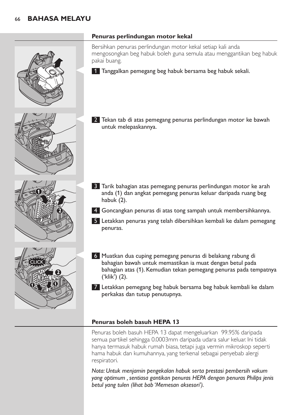 Penuras perlindungan motor kekal, Penuras boleh basuh hepa 13 | Philips StudioPower Aspirador con bolsa User Manual | Page 66 / 170