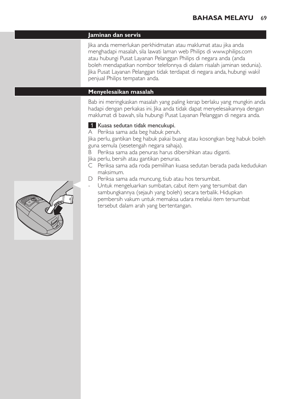 Jaminan dan servis, Menyelesaikan masalah | Philips StudioPower Aspirador con bolsa User Manual | Page 69 / 170