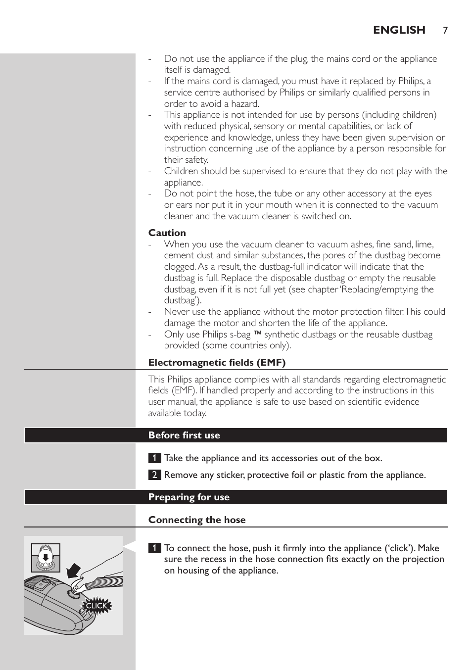 Caution, Electromagnetic fields (emf), Before first use | Preparing for use, Connecting the hose | Philips StudioPower Aspirador con bolsa User Manual | Page 7 / 170