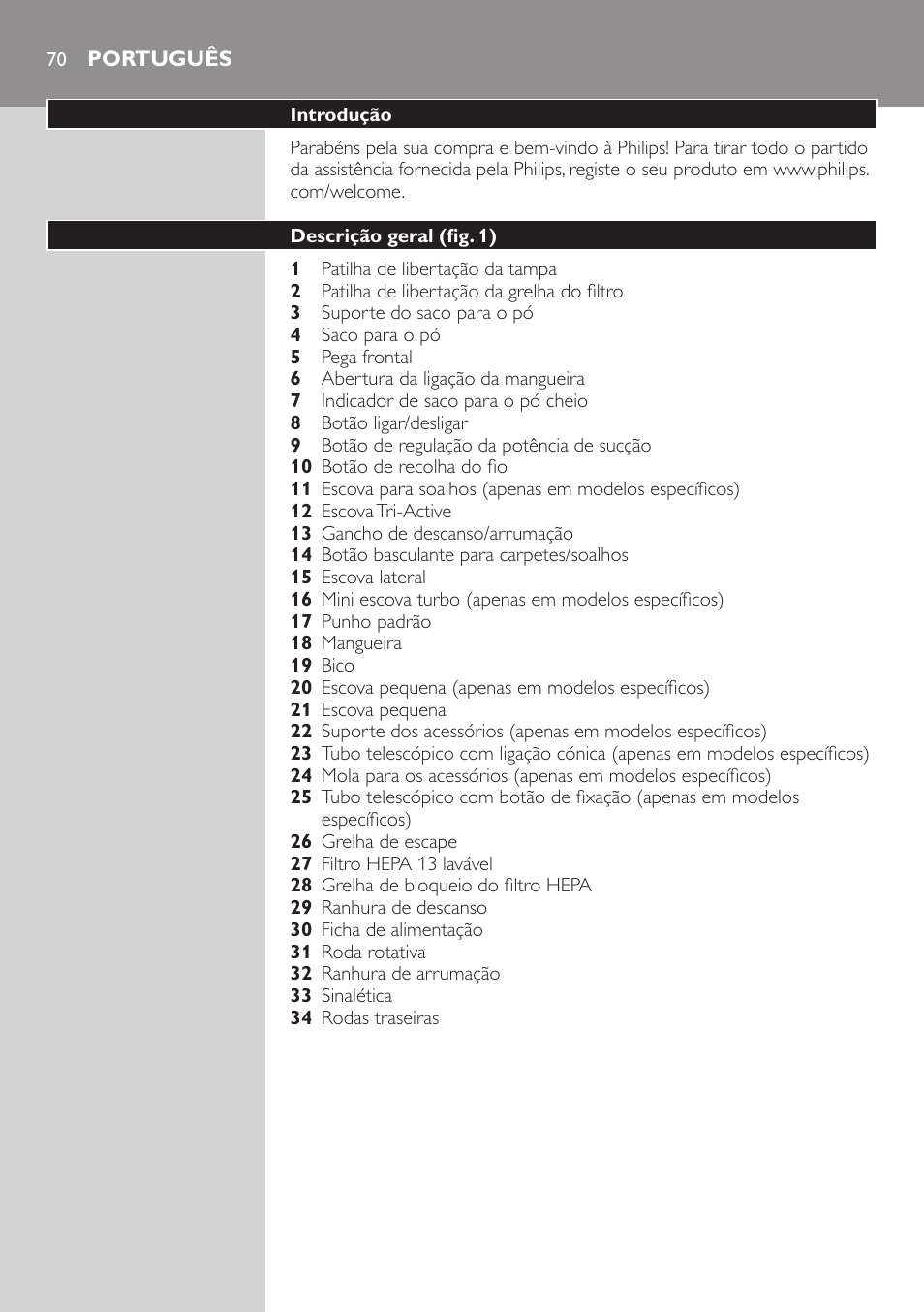 Perigo, Português, Introdução | Descrição geral (fig. 1), Importante | Philips StudioPower Aspirador con bolsa User Manual | Page 70 / 170