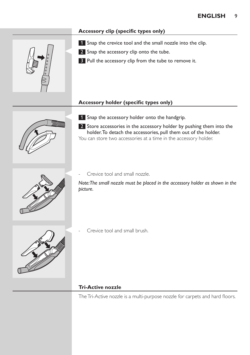 Accessory clip (specific types only), Accessory holder (specific types only), Tri-active nozzle | Philips StudioPower Aspirador con bolsa User Manual | Page 9 / 170