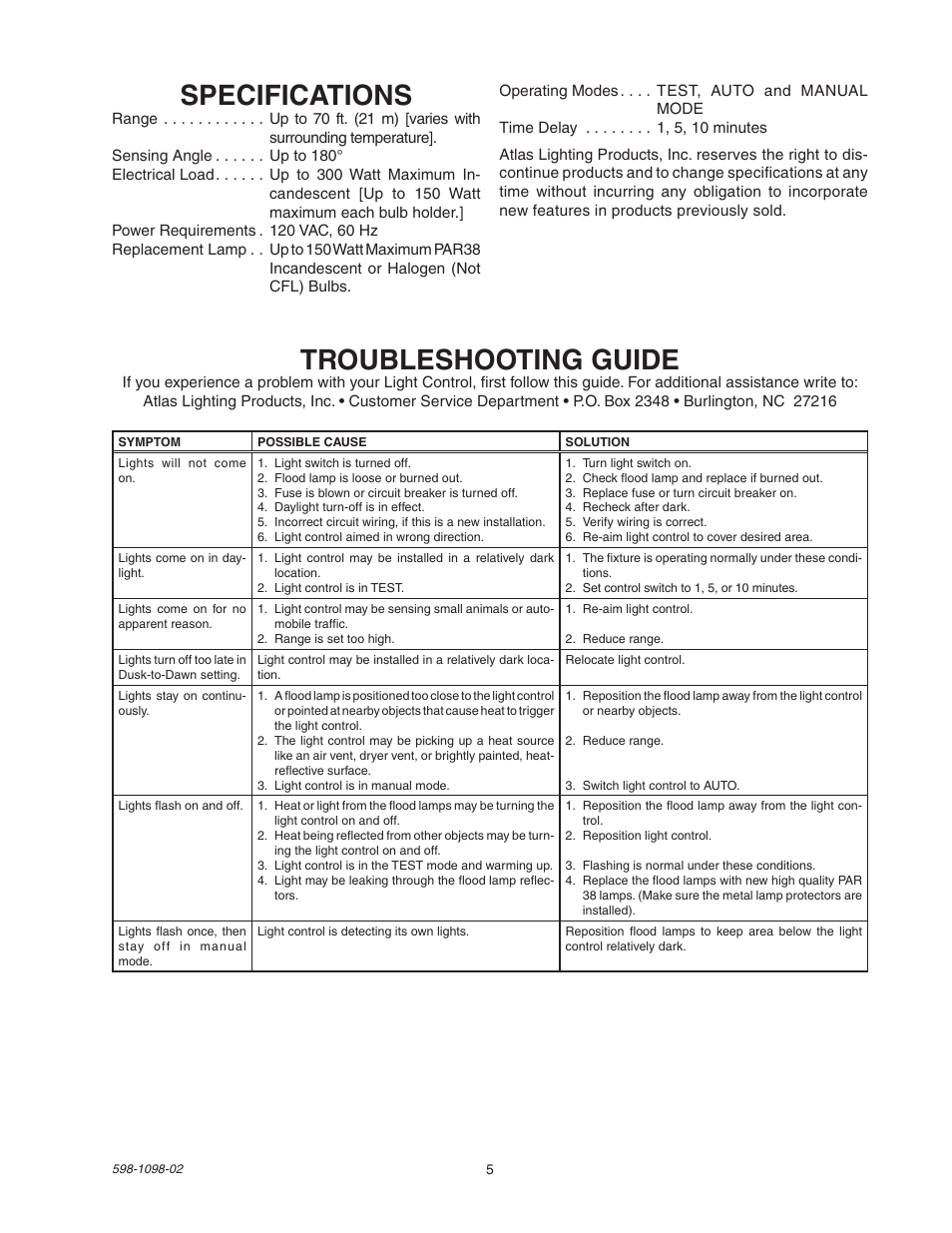 Specifications, Troubleshooting guide | Atlas Guardian Pro MLGC180W User Manual | Page 5 / 8