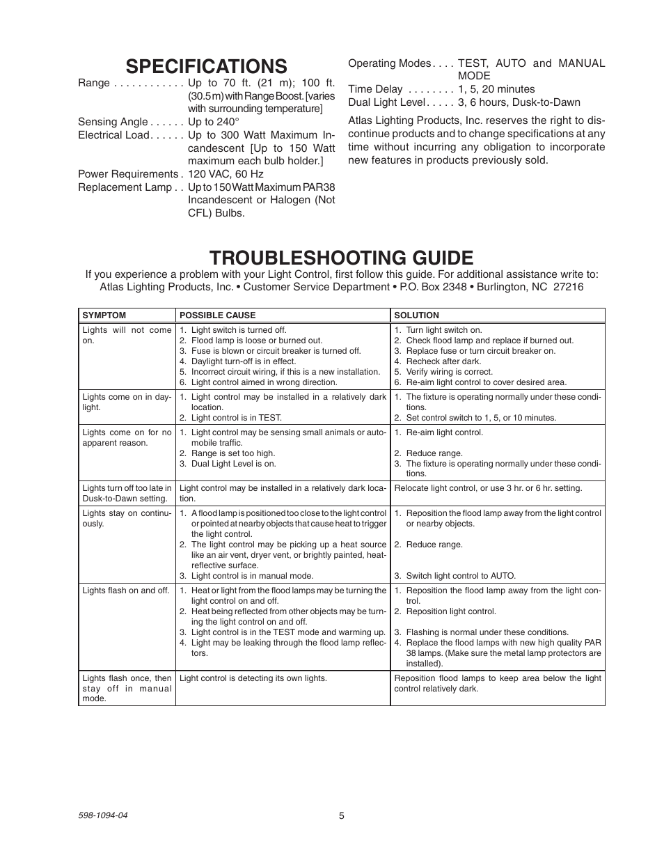 Specifications, Troubleshooting guide | Atlas Guardian Pro 240 Series User Manual | Page 5 / 8