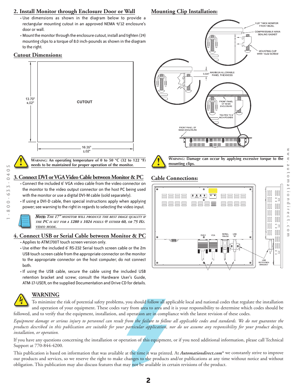 Install monitor through enclosure door or wall, Cutout dimensions, Mounting clip installation | Connect usb or serial cable between monitor & pc, Cable connections: warning | Atlas ATM1700 User Manual | Page 2 / 4