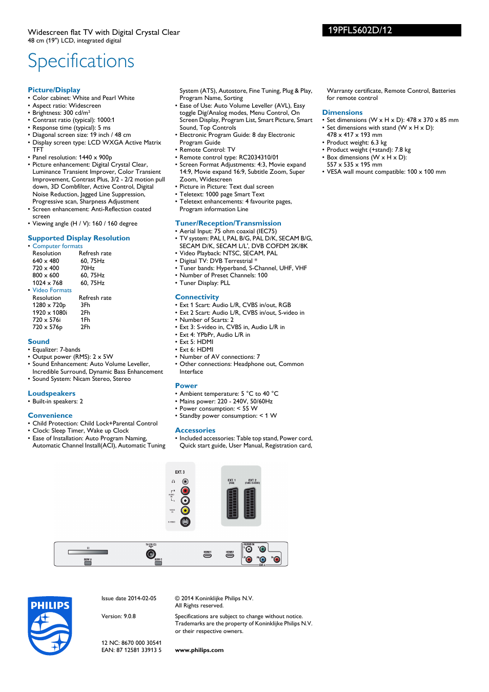 Specifications | Philips Flat TV panorámico User Manual | Page 3 / 3