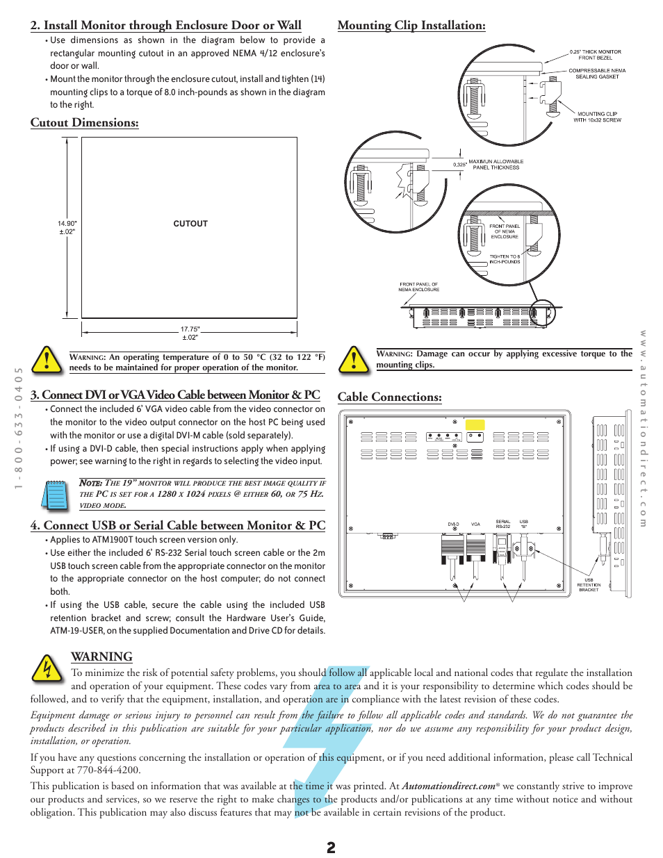 Warning, Install monitor through enclosure door or wall, Cutout dimensions | Mounting clip installation, Connect usb or serial cable between monitor & pc | Atlas ATM1900 User Manual | Page 2 / 4