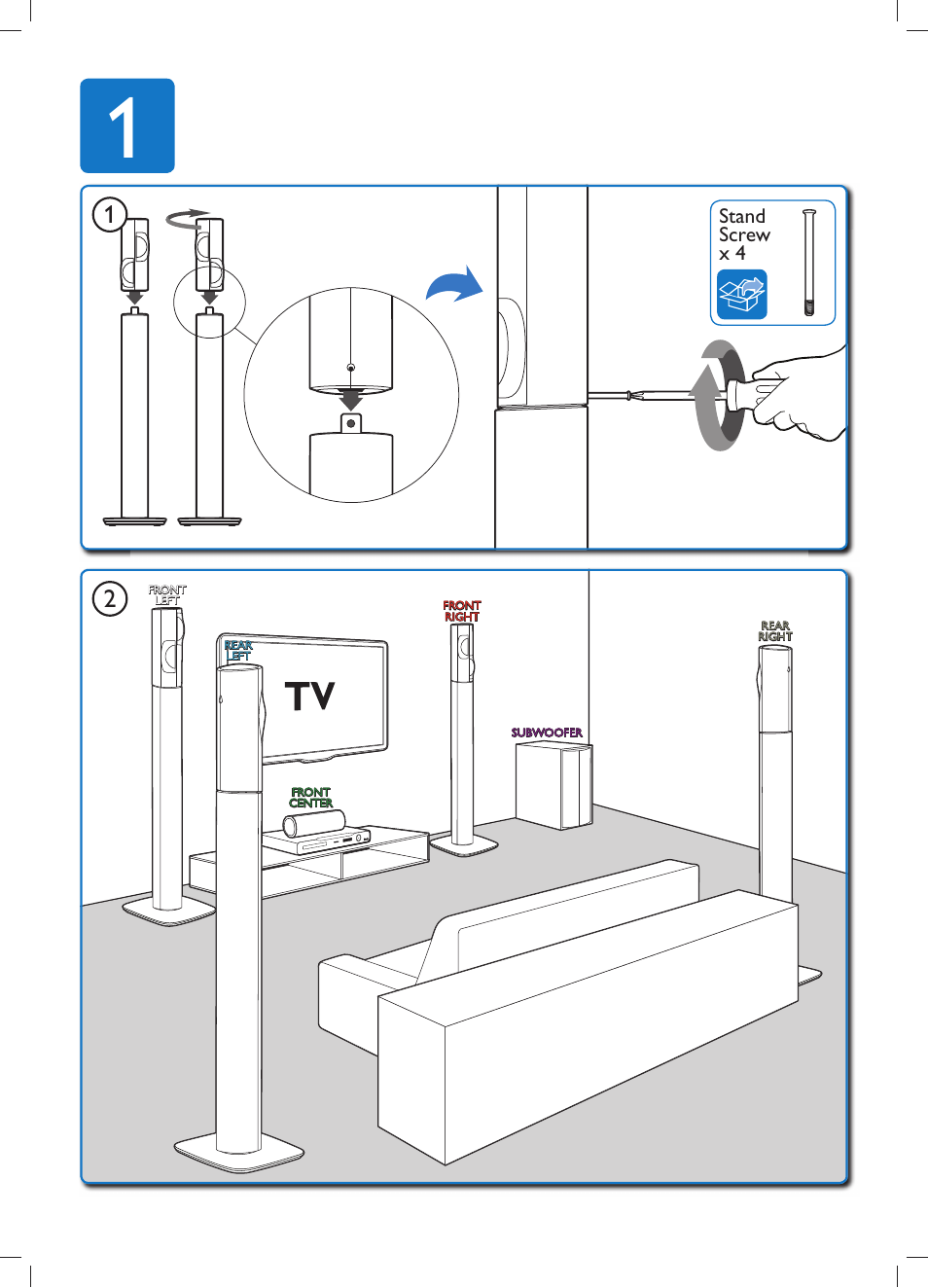 Stand screw x 4 | Philips Sistema de cine en casa 5.1 User Manual | Page 13 / 18