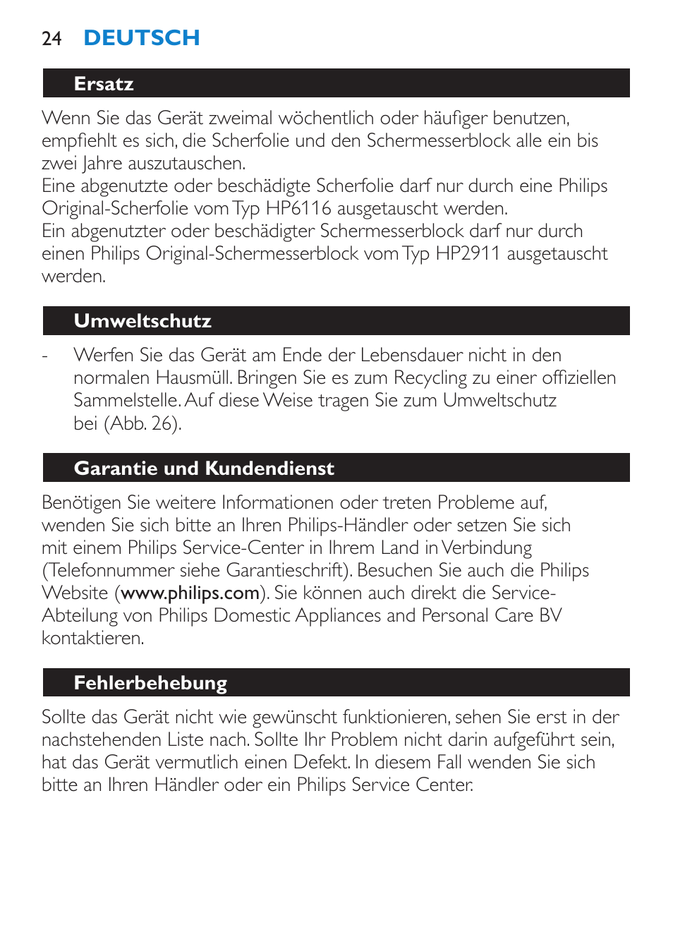 Ersatz, Umweltschutz, Garantie und kundendienst | Fehlerbehebung | Philips Satinelle Depiladora User Manual | Page 24 / 92