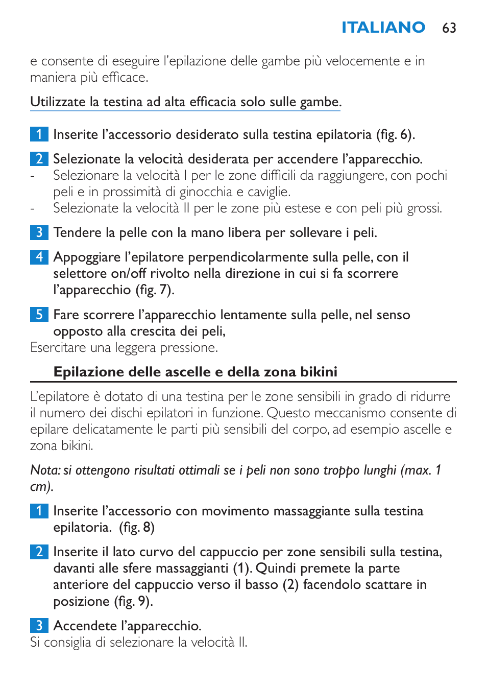 Epilazione delle ascelle e della zona bikini | Philips Satinelle Depiladora User Manual | Page 63 / 92