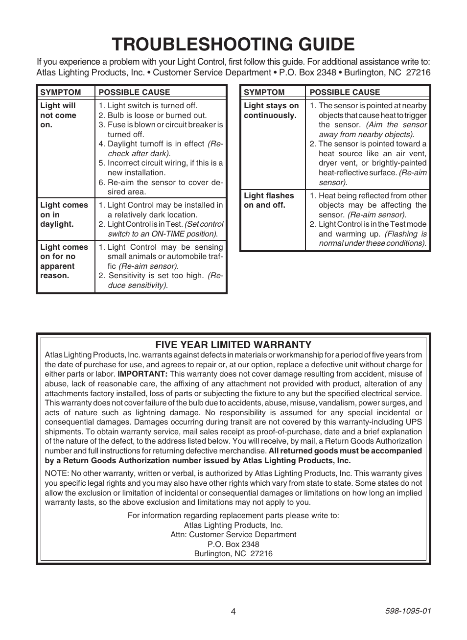 Troubleshooting guide, Five year limited warranty | Atlas GUARDIAN PLMS User Manual | Page 4 / 4