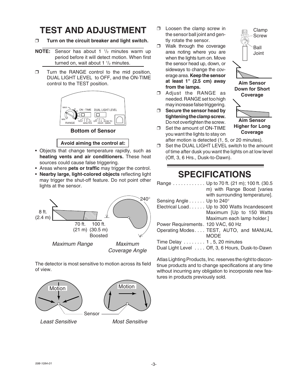 Test and adjustment, Specifications | Atlas Guardian Pro MLGC240W User Manual | Page 3 / 4