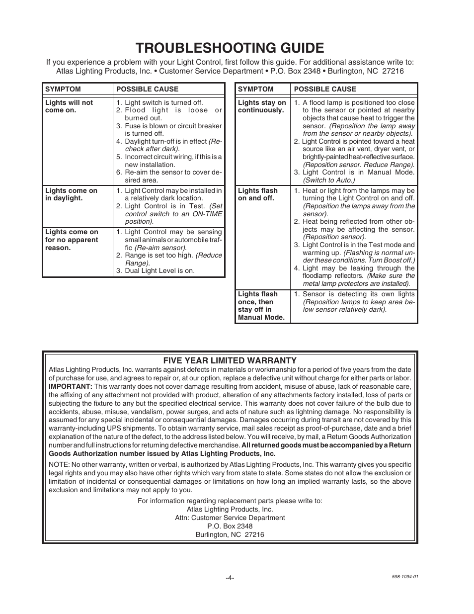 Troubleshooting guide | Atlas Guardian Pro MLGC240W User Manual | Page 4 / 4