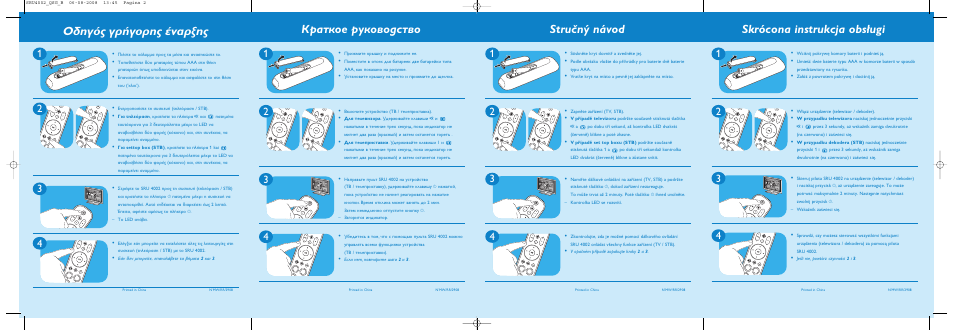 Лбﬁ˜ бъ‹бфъл˜ ¤у·ънл, Краткое руководство, Stručný návod | Skrócona instrukcja obsługi | Philips Mando a distancia universal User Manual | Page 2 / 2
