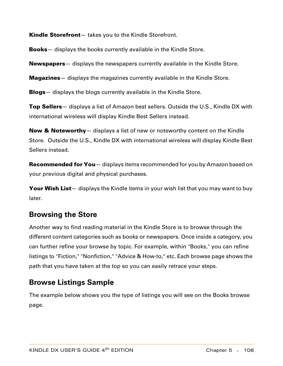 Browsing the store, Browse listings sample | Amazon Technologies KINDLE DX User Manual | Page 108 / 184